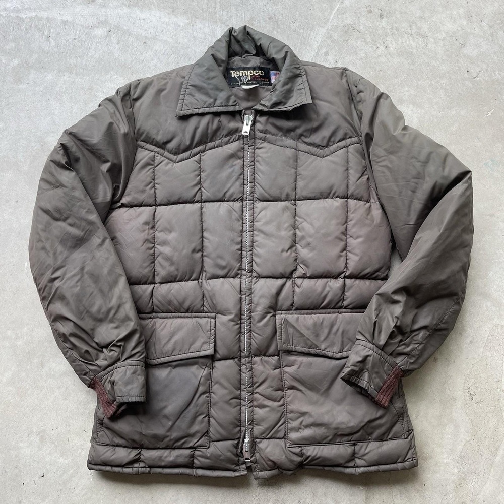Men's Vintage 70's Tempco Goose Down Brown Quilted Parka Puffer Jacket Sz 42 L‎